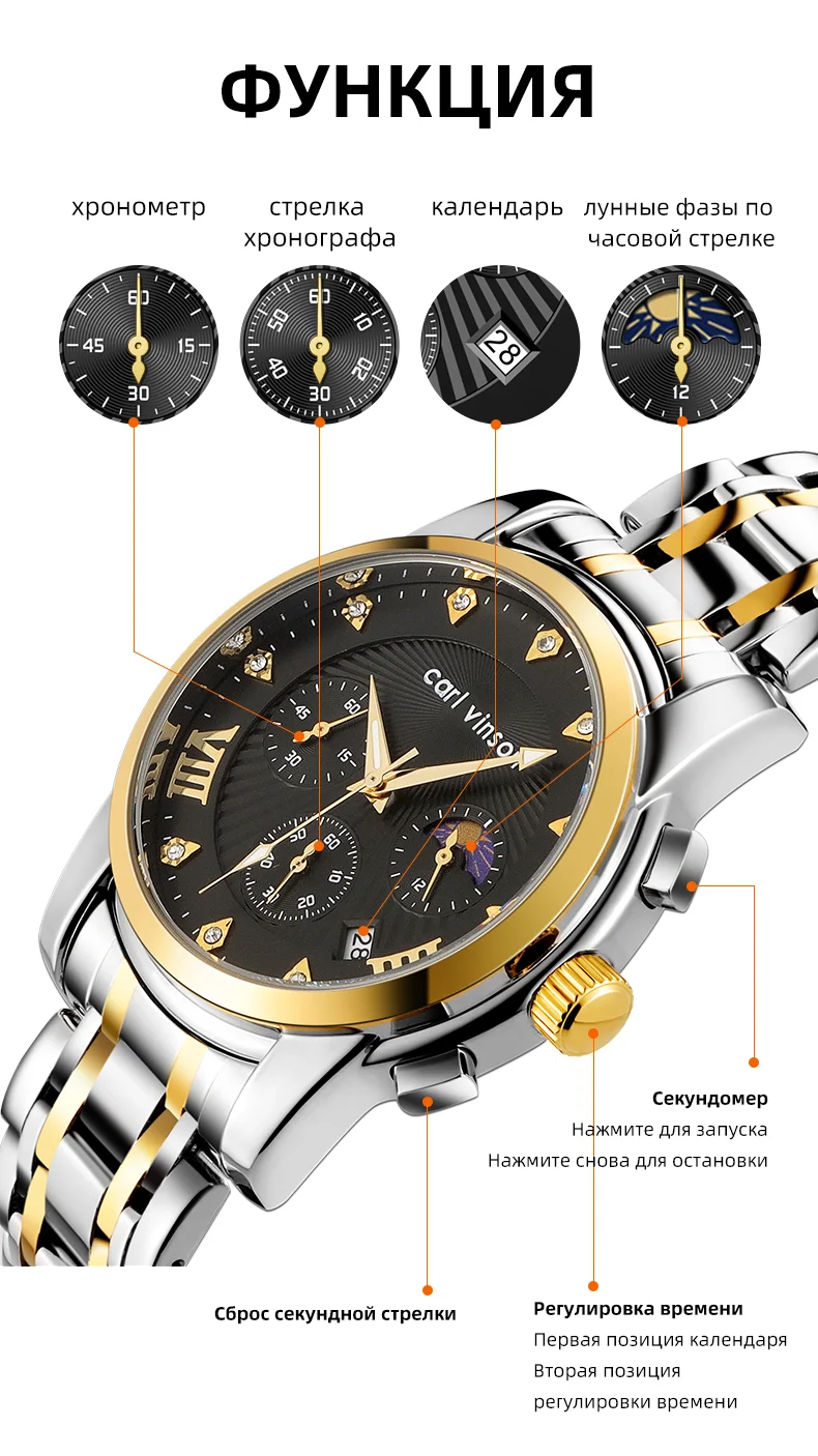 Мужские мужские кварцевые часы с фазами луны Carl Vinson