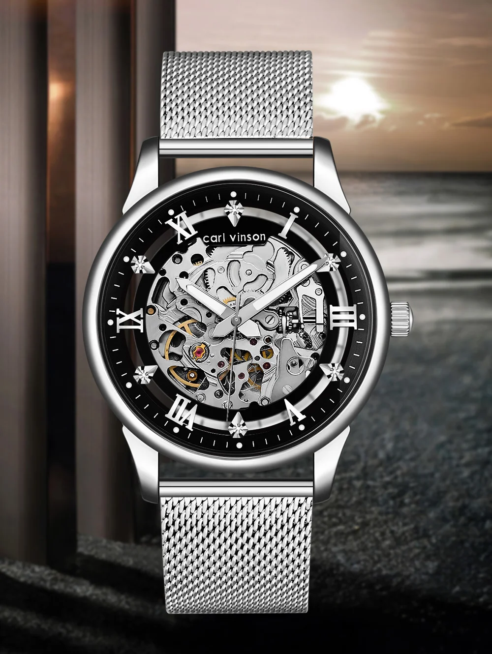 Мужские автоматические часы с полым дизайном Carl Vinson