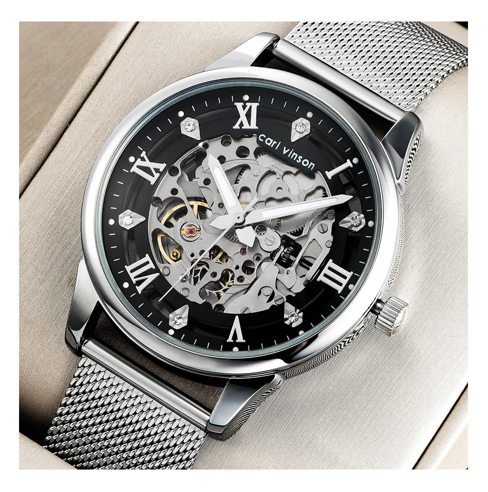 Мужские автоматические часы с полым дизайном Carl Vinson