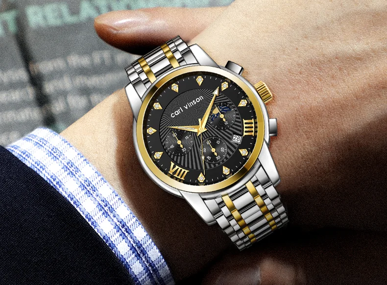 Мужские мужские кварцевые часы с фазами луны Carl Vinson