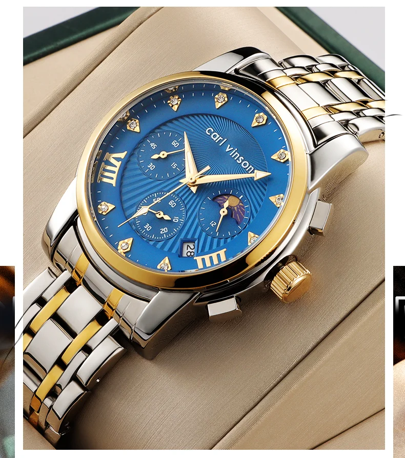 Мужские мужские кварцевые часы с фазами луны Carl Vinson